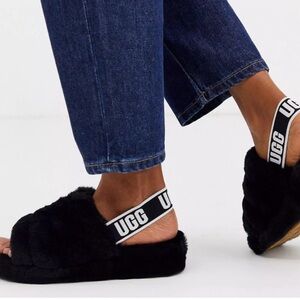 UGG Women's Black Fluffy Slide Slippers